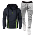 Detail von grauem Hoodie mit neongrünem Reißverschluss und passender Jogginghose - S / Schwarz + Hellgrau