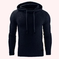 Close-up of men's hooded sweatshirt featuring deep black waffle textured knit fabric - S / Navy Blue