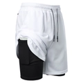 Detail view of men's 2-in-1 shorts with white mesh layer and phone pocket liner - S / White