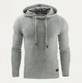 Detail of grey men's hoodie showing thick brick-patterned knit texture and leather hem tag - S / Light Gray