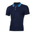 Men's navy slim fit polo shirt with colorful striped collar and three white buttons - S / Navy Blue