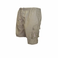 Detail of khaki cargo shorts showing elastic drawstring waist and sport zipper pocket - Khaki