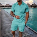 Detailed view of men's blue 3D geometric texture polo shirt and drawstring shorts - XS / Top And Bottom / Cyan Blue