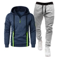 Detail von marineblauem Hoodie mit neongrünem Rand, Halbreißverschluss und Ärmeltasche - S / Marineblau + Hellgrau