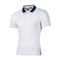 Slim fit white polo shirt for men featuring striped collar and ribbed cuffs design - S / White