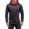 Detail of men's dark grey fleece hoodie with contrast red zippers and drawstrings - M / Dark Gray