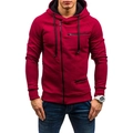 Detail of slim fit men's burgundy hoodie featuring multi-zipper pockets and black drawstring - Burgundy