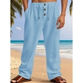 Men's sky blue linen casual trousers with drawstring waist and wooden button accents - S / Blue