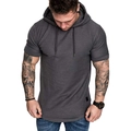 Close-up of charcoal grey hooded t-shirt showing fabric texture and drawstring details - Dark Gray