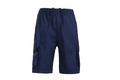 Detail of navy cargo shorts featuring elastic waistband, drawstring, and secure zip pockets - Navy Blue