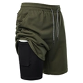 Detail der versteckten Handytasche in grüner 2-in-1 Laufhose mit atmungsaktivem Mesh-Gewebe - S / Armeegrün