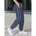 Men's dark blue parachute track pants with double white side stripes and drawstring - Navy Blue