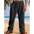 Men's black linen casual pants with elastic drawstring waist and decorative buttons - S / Black