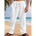 Men's casual white linen pants with elastic drawstring waist and stylish wood buttons - S / White