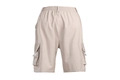 Detail of khaki men's cargo shorts featuring elastic drawstring waist and zippered back pocket - S / Grey/White