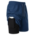 Detail showing inner compression layer and functional phone pocket on marathon shorts - S / Navy Blue