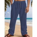Men's loose fit dark blue linen pants with elastic waist and button details for beach - S / Navy Blue