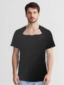 Detail of adaptive snaps on black post-surgery recovery shirt shoulder and neckline - S / Black