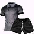 Detail of men's polo set featuring gradient honeycomb pattern and drawstring shorts - Dark Grey with Black