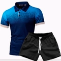 Macro detail of the gradient blue polo shirt fabric and black athletic shorts set - Navy Blue with White