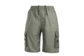 Detail of olive green cargo shorts featuring elastic drawstring waist and large flap pockets - S / Army Green