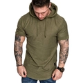 Men's olive green hooded short sleeve T-shirt with drawstring and slim fit athletic cut - M / Army Green