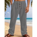 Men's casual linen-blend straight-leg pants in grey with drawstring waist and button details - Gray