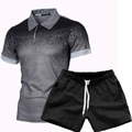 Detail view of 3D gradient polo shirt with geometric patterns and matching black shorts - Dark Grey with Light Grey