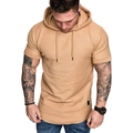 Men's khaki short sleeve hooded t-shirt in textured waffle fabric with drawstring - M / Khaki
