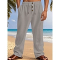 Men's light grey linen beach pants with elastic drawstring waist and decorative buttons - Khaki