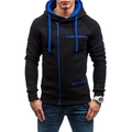 Men's slim fit black sport hoodie with blue asymmetric zipper and fleece lining - M / Black