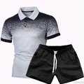 Men's 2-piece polo set with grey gradient dot pattern and matching black shorts - Light Gray with Black