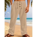 Men's casual linen pants in khaki with elastic drawstring waist for beach vacation - Dark Khaki