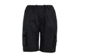 Detail view of cargo shorts with elastic drawstring waist and side zipper pockets - S / Black