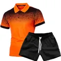 Herren-Set bestehend aus Polo-Shirt mit orangefarbenem Farbverlauf und schwarzen Shorts - S / Gelb