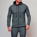 Detailed view of grey men's zip hoodie and joggers set featuring unique pleated fabric textures - M / Dark Gray