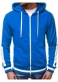 Detail view of the bright blue hoodie featuring white contrast zipper and striped ribbed cuffs - Blue