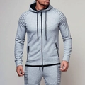 Men's grey outdoor sports tracksuit with ribbed shoulder stitching and zip hoodie - M / Light Gray