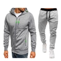 Men's grey hooded sports tracksuit set with neon green zippers and jogger pants - M / Light Gray