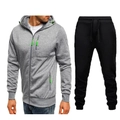 Detail view of men's grey zip hoodie with neon green accents and black joggers - M / Light Gray with Black