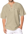 Detail of light khaki cotton linen shirt showing lace-up V-neck and chest pocket texture - Khaki