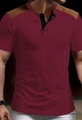 Detail view of burgundy Henley shirt with contrast suede shoulder patches and three buttons - Burgundy