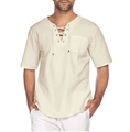 Dettaglio del tessuto in cotone lino traspirante e scollo a V con lacci e fibbie in metallo - S / Beige