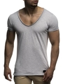 Dettaglio del tessuto grigio melange e della vestibilità slim con scollo a V della t-shirt - M / Grigio chiaro