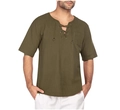 Detail of army green cotton linen shirt showing lace-up V-neckline and fabric texture - Army Green