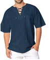 Dettaglio camicia blu navy in cotone e lino con scollo a V stringato e taschino - S / Blu Notte