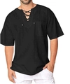 Dettaglio camicia da uomo in lino nero con scollo a V stringato e taschino frontale - S / Nero