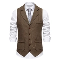 Detail of vintage brown herringbone vest showing lapels, five buttons and metal chain - Brown