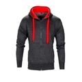 Herren Slim Fit Kapuzenjacke in Melange-Grau mit kontrastierendem rotem Futter und Kordelzug - M / Zip-Kapuzenstil / Dunkelgrau/Rot