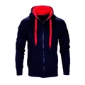 Detailed view of navy blue hoodie with contrast red hood lining and drawstring cords - M / Zip-up Hooded Style / Navy Blue/Red